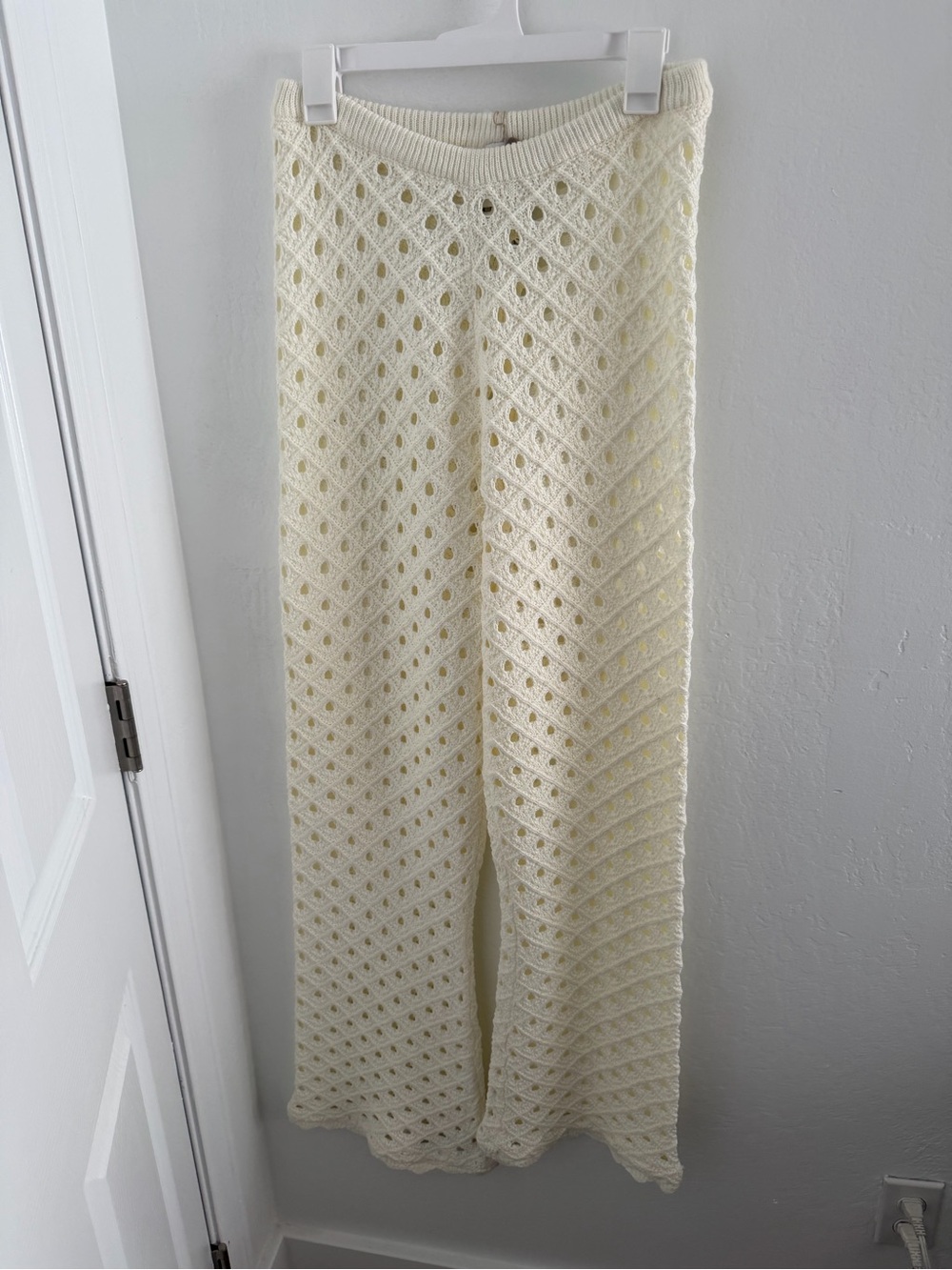 Meshki Cream Crochet Knit Wide-Leg Pants